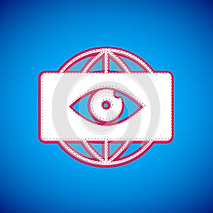 White Big brother electronic eye icon isolated on blue background. Global surveillance technology, computer systems and