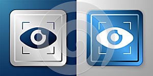 White Big brother electronic eye icon isolated on blue and grey background. Global surveillance technology, computer