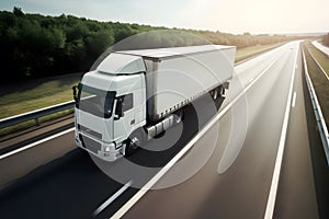 White big rig long haul semi truck at high speed on freeway. Generative AI