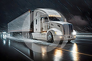 White big rig long haul semi truck at high speed on freeway at raining night