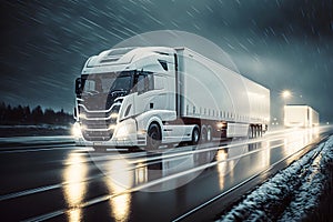 White big rig long haul semi truck at high speed on freeway at raining night