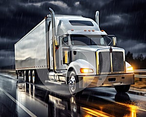 White big rig long haul semi truck is speeding on the freeway at night.