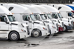 White big rig pro semi truck tractors with semi trailers standing in row on the industrial parking lot waiting for the next loads