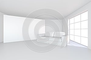 White billboard of empty canvas on the room and modern sofa. 3d rendering