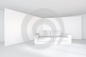 White billboard of empty canvas on the room and modern sofa. 3d rendering