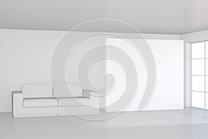 White billboard of empty canvas on the room and modern sofa. 3d rendering