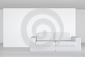 White billboard of empty canvas on the room and modern sofa. 3d rendering