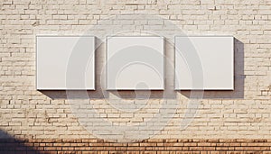 White billboard mockup on brick wall background. Three squared blank template frames with copy space. Closeup clear empty display