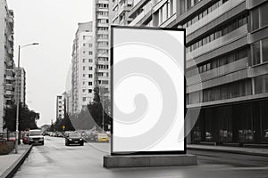 White Billboard Mockup of a Large Advertising Poster on the Street extreme closeup. Generative AI