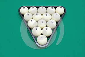 White billiard balls for Russian billiards, in a triangle on the table