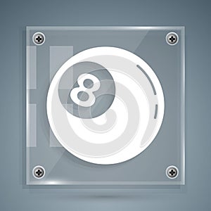 White Billiard pool snooker ball with number 8 icon isolated on grey background. Square glass panels. Vector