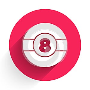 White Billiard pool snooker ball with number 8 icon isolated with long shadow. Red circle button. Vector