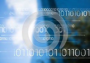 White binary code against blurry building