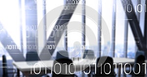 White binary code against blurry meeting room
