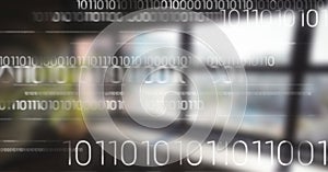 White binary code against blurry window