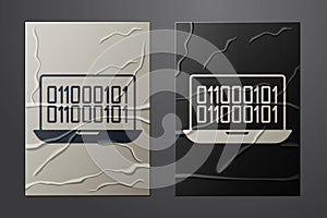 White Binary code icon isolated on crumpled paper background. Paper art style. Vector