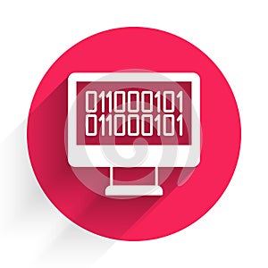 White Binary code icon isolated with long shadow background. Red circle button. Vector