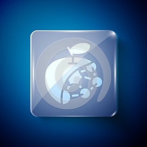 White Biological structure icon isolated on blue background. Genetically modified organism and food. Square glass panels