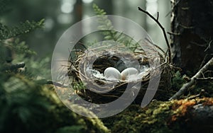 white bird egg nest on a log