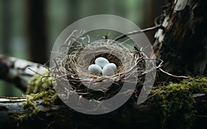 white bird egg nest on a log