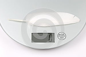 White bird feather is weighed on a digital scale photo