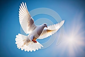 White bird flying in the air with its wings wide open and wings wide open. Generative AI