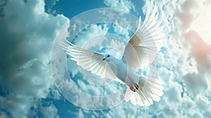 White Bird Flying Through Cloudy Blue Sky