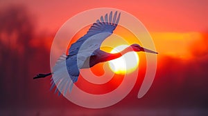 A white bird flying in front of a sunset