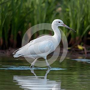 White bird gracefully walks through shallow water, exuding elegance