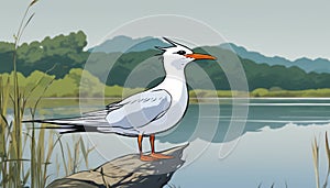 A white bird with an orange beak standing on a rock near the water