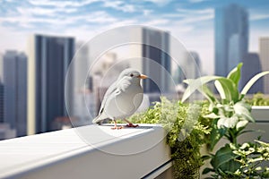 White bird on the roof of a modern house with eco-friendly rooftop gardens. Blue sky and a metropolis with skyscrapers on a