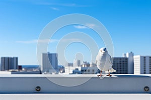 a white bird is standing on the edge of a building