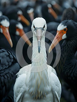 A white bird stands out among many other black birds