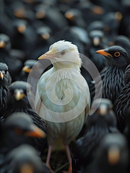 A white bird stands out among many other black birds