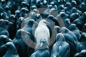 White bird stands surrounded by black birds. Generative AI