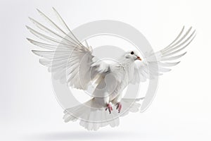 A white bird takes to the skies with wings outstretched