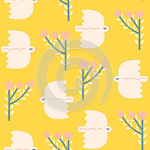 White birds and flowers on yellow background folk modern pattern in vector.