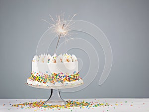 White Birthday Cake with Sparkler photo