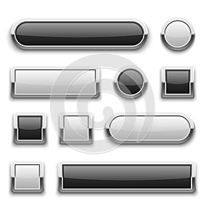 White and black 3d technology buttons with shiny silver chrome metal frame. vector set