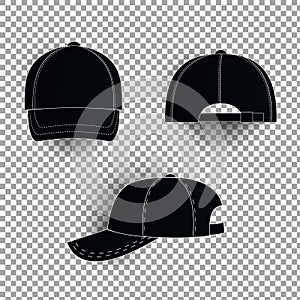 White and black baseball cap icon set. Front view. Design template closeup in . Mock-up for branding and advertise isolated