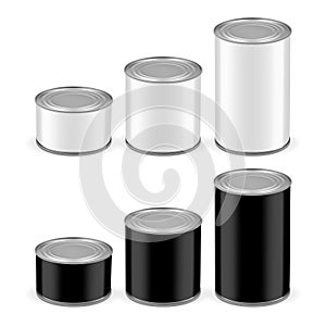 White and black cans of different sizes isolated on white background mock up