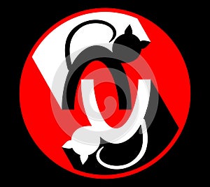 White and black cat mirror logotype, two cats silhouetten in circle red label, veterinary clinic emblem, pet shop signboard