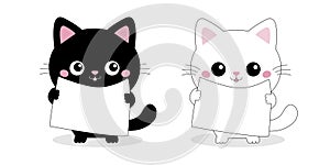 White black cat set holding placard blank sign paper with paws. Web banner template. Kitten with big eyes. Kawaii pet animal. Cute