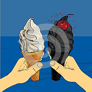 White and Black,charcoal melting ice-cream cone with cherry in hand on nautical background. Hand drawn design for Summer