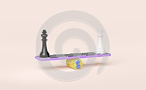 White and black chess with seesaw,dollar coins isolated on pink background ,3d illustration or 3d render