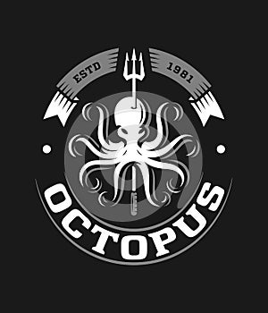 White on black deep sea octopus logo illustration