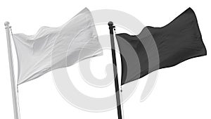 White and black flags waving on the wind. 3D rendered mockup.