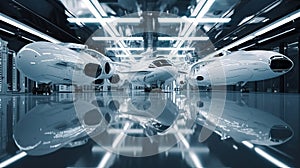 White and black glossy interior space facility maintenance cargo, sci-fi image, futuristic space exploration. Generative Ai