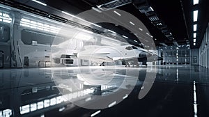 White and black glossy interior space facility maintenance cargo, sci-fi image, futuristic space exploration. Generative Ai