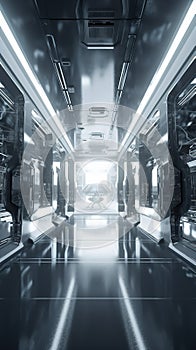 White and black glossy interior space facility maintenance cargo, sci-fi image, futuristic space exploration. Generative Ai